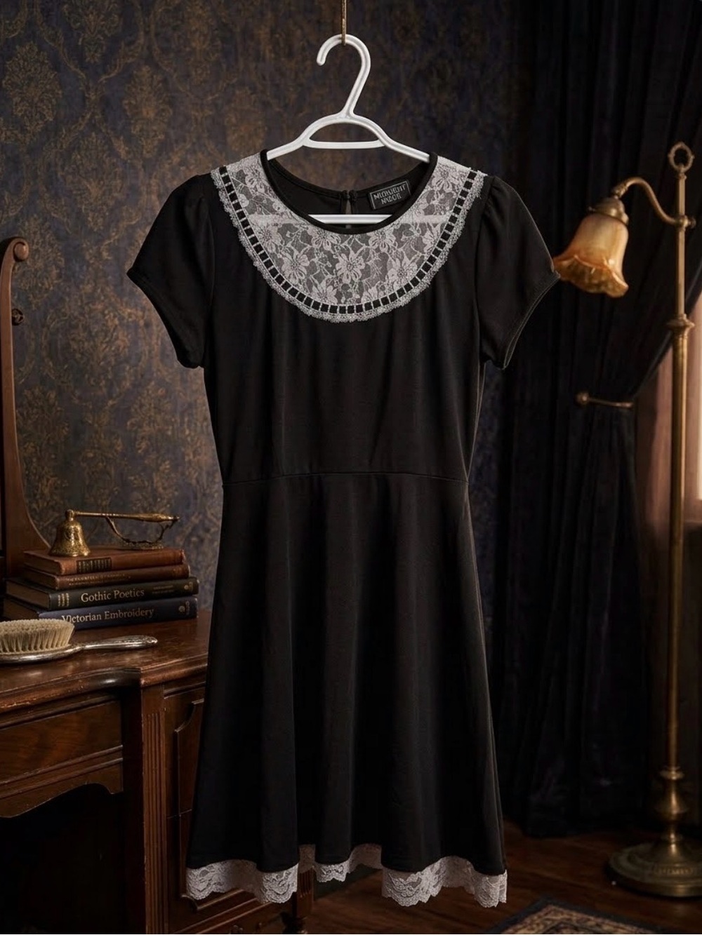 Black Lace-Trim Short Sleeve Dress